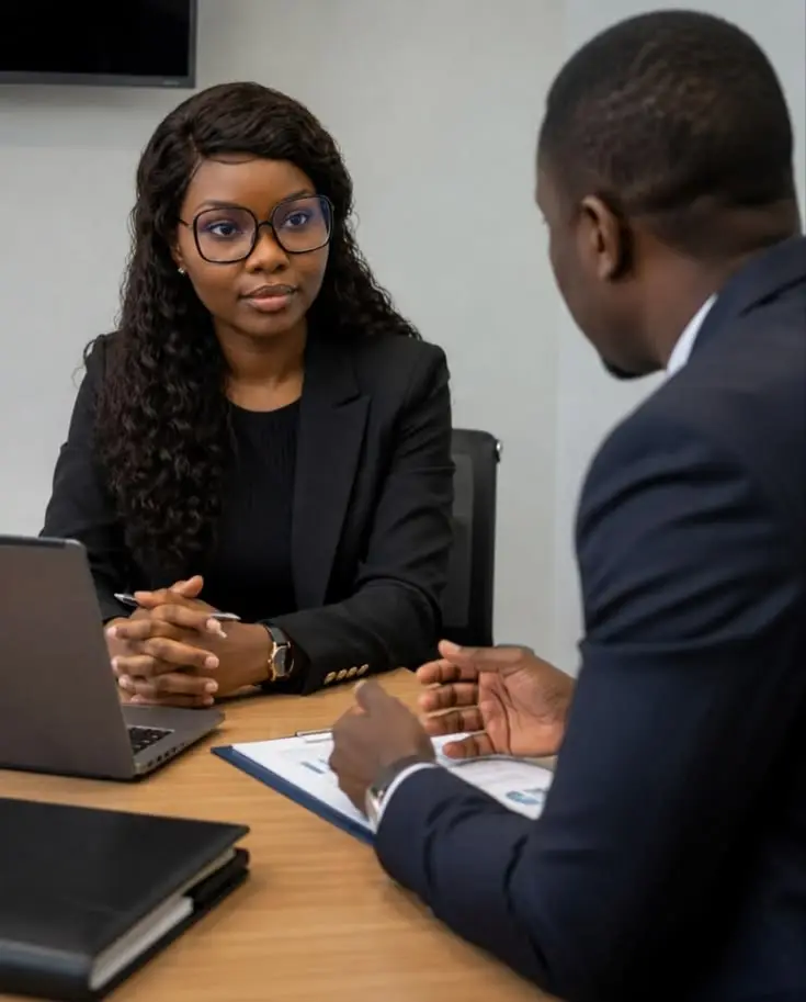 Two people in a private conversation across a desk