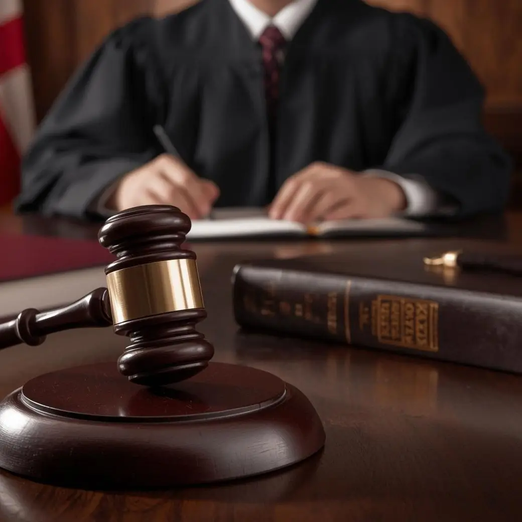 A judge’s gavel on a desk in front of a judge writing