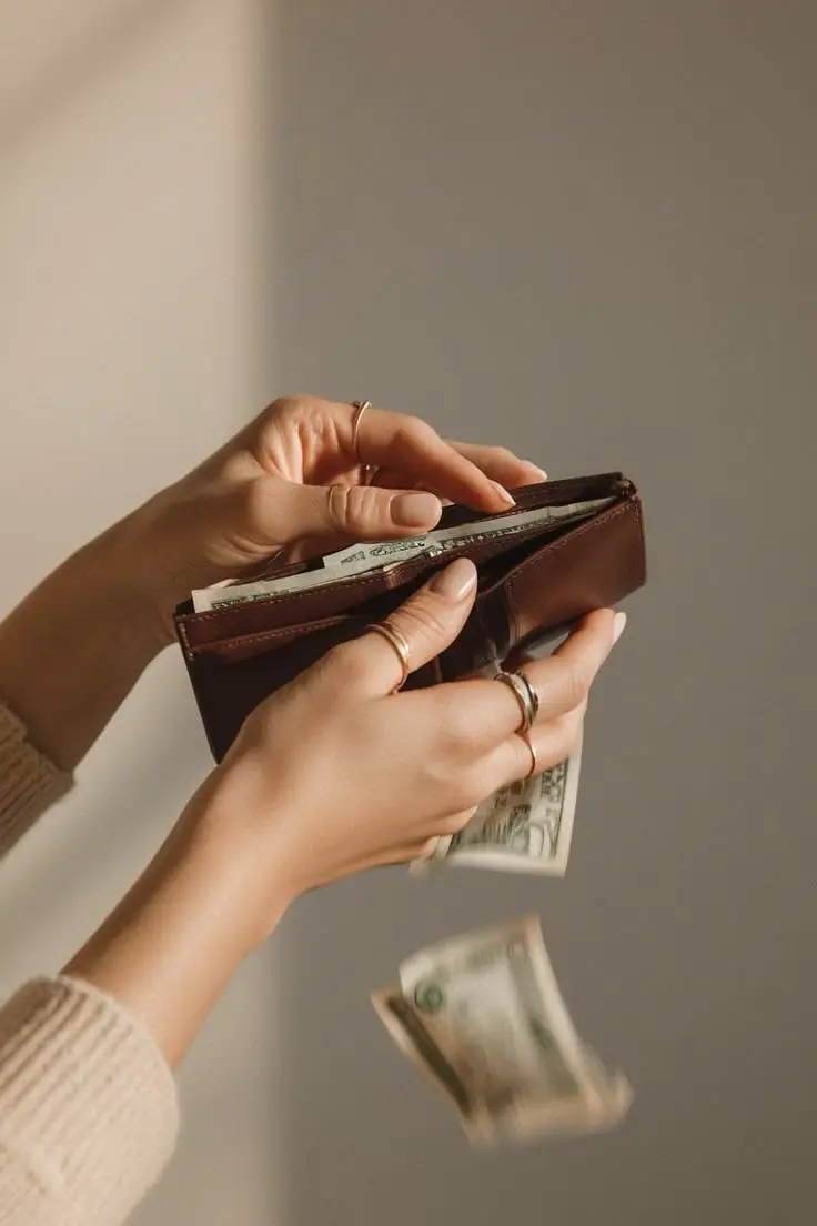 Banknotes falling from an open wallet held in two hands
