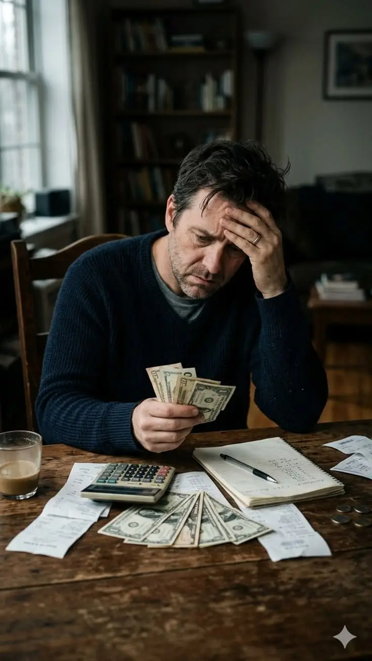 A man sitting at a table with his head in his hand, weighed down by worries